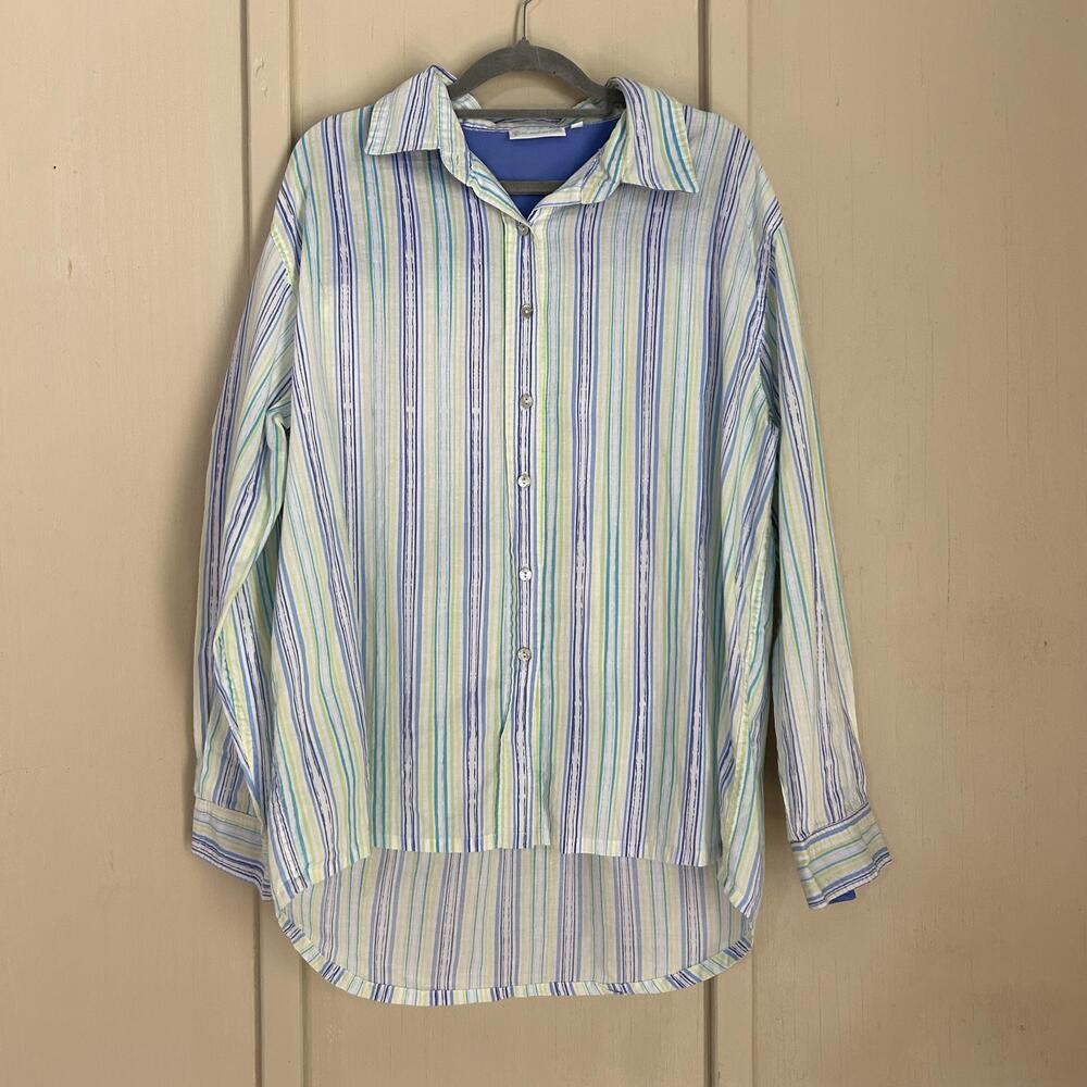 Lulu B Button Up Shirt Womens Large Multicolor Striped High Low Hem Cotton Top
